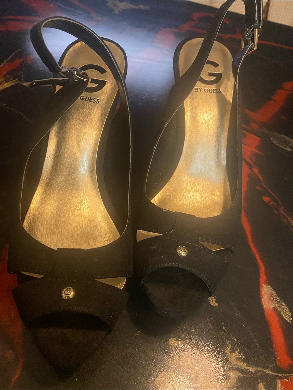 GUESS Black Suede Slingback Peep-Toe Heels with Gold Insole
